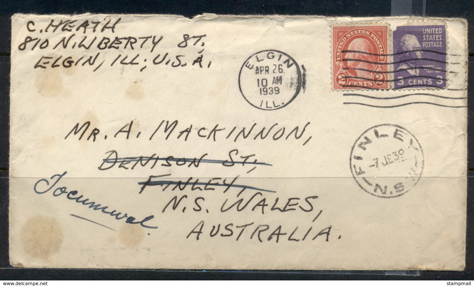 USA 1922-38 Fourth Bureau Washington 2c, Prexie 3c, Elgin 1939 To Australia Cover - Covers & Documents