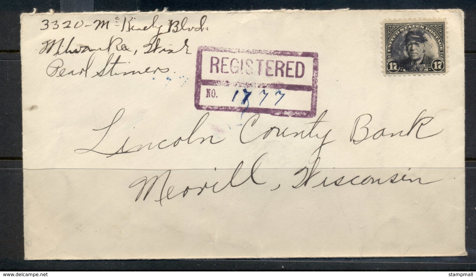 USA 1922-38 Fourth Bureau Wilson 17c Registered Cover Millwaukee 1929 - Covers & Documents