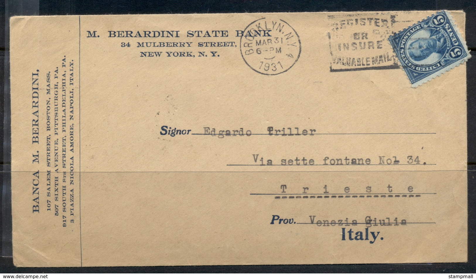 USA 1922-38 Fourth Bureau Berardini State Bank CC, Brooklyn 1931 To Italy Cover - Covers & Documents