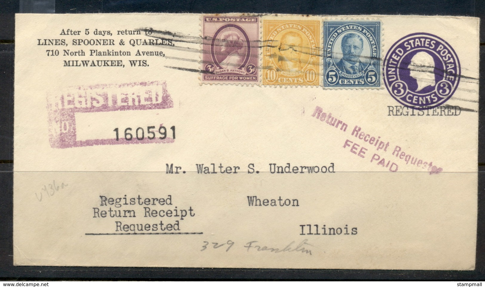 USA 1922-38 Fourth Bureau Uprated Mixed Franking PSE Registered Milwaukee1936 No Backflap Cover - Covers & Documents