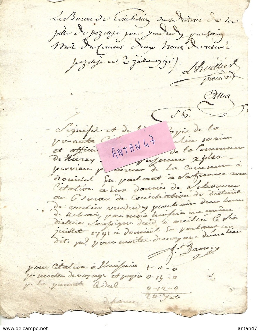 Tribunal De Conciliation 1791 / 54 VEZELISE  / PB Argent Entres époux LHUILLIER - ... - 1799