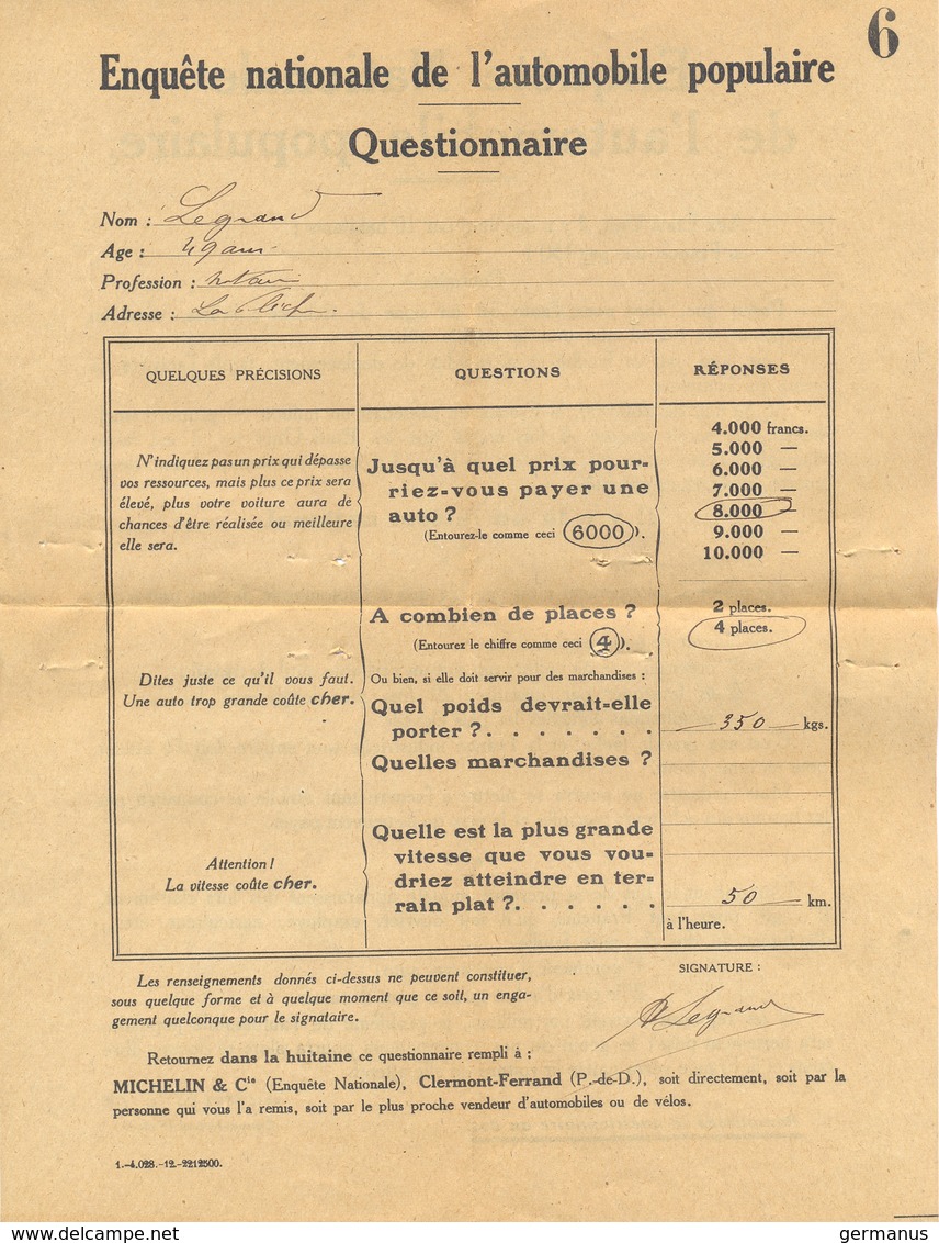 MMrs MICHELIN & Cie  CLERMOND FERRAND PUY DE DOME Enquête Nationale De L'automobile ...  Questionnaire Rempli Et Signé - 1921-1960: Période Moderne