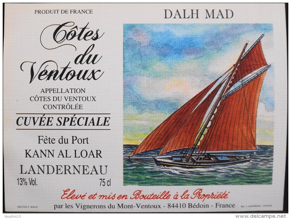 ETIQUETTE De VIN - " CÔTES Du VENTOUX " - Cuvée Spéciale Fête Du Port LANDERNEAU 13° - 75cl - Parf. Etat  - - Barche A Vela & Velieri