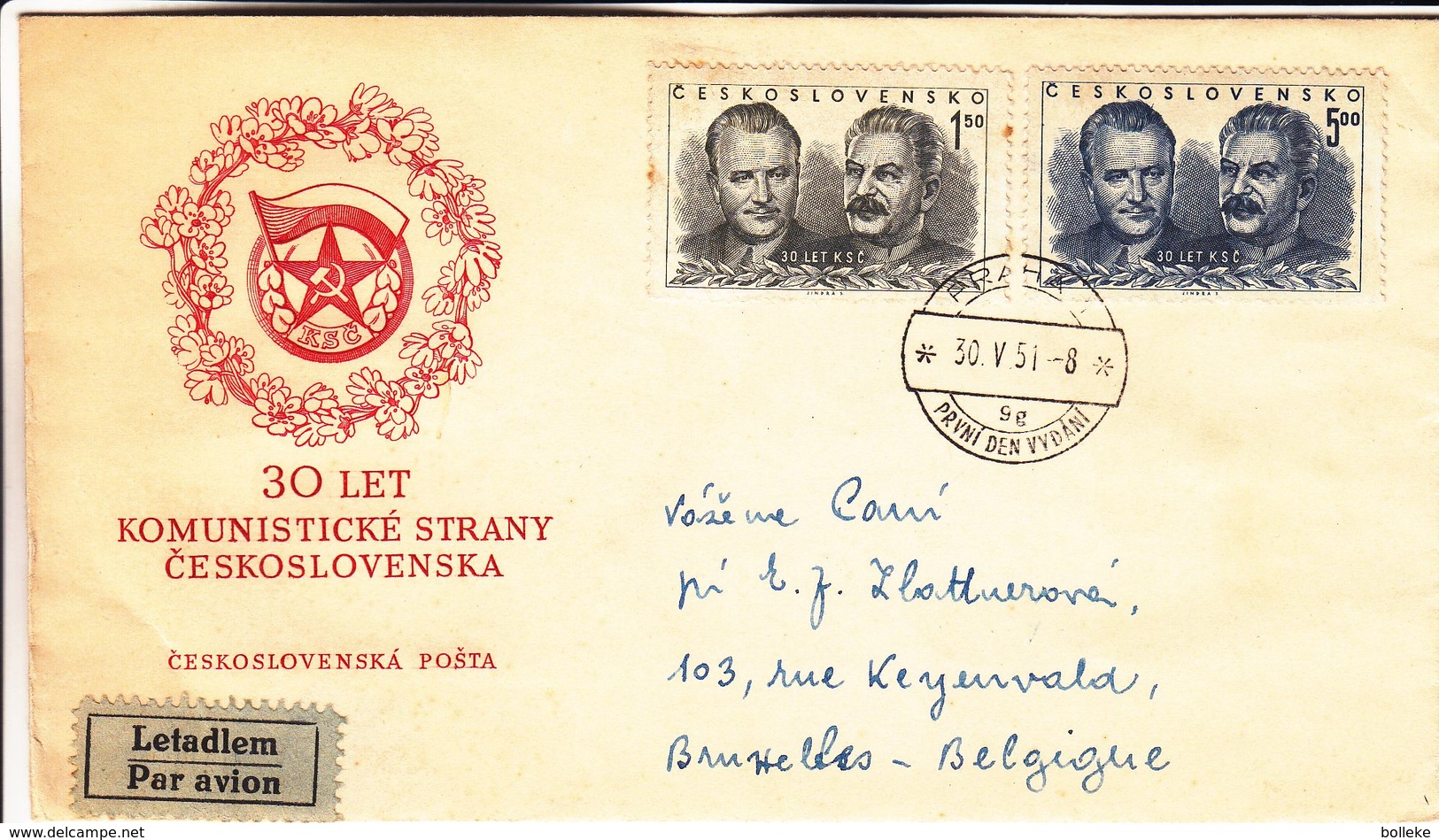 Tchècoslovaquie - Lettre De 1951 - Oblit Praha - Exp Vers Bruxelles - Stalin - - Covers & Documents