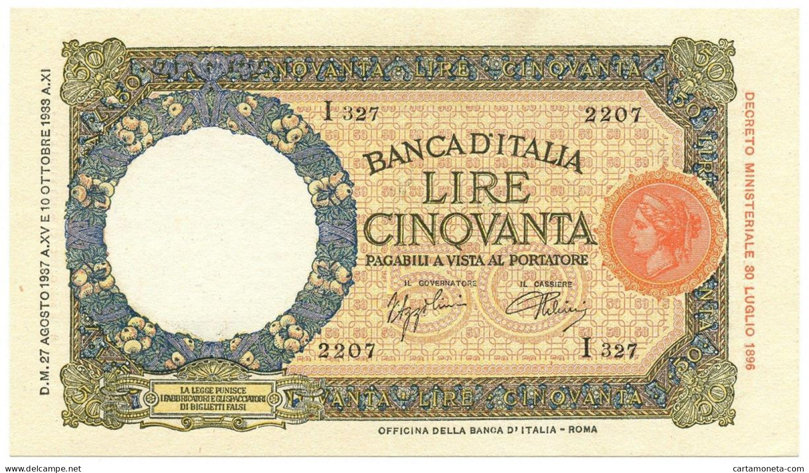 50 LIRE CAPRANESI LUPA CAPITOLINA MARGINE LARGO FASCIO ROMA 27/08/1937 SUP- - Otros