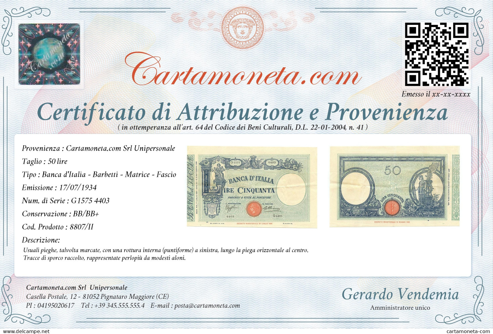 50 LIRE BARBETTI GRANDE L MATRICE LATERALE TESTINA FASCIO 17/07/1934 BB/BB+ - Regno D'Italia – Other