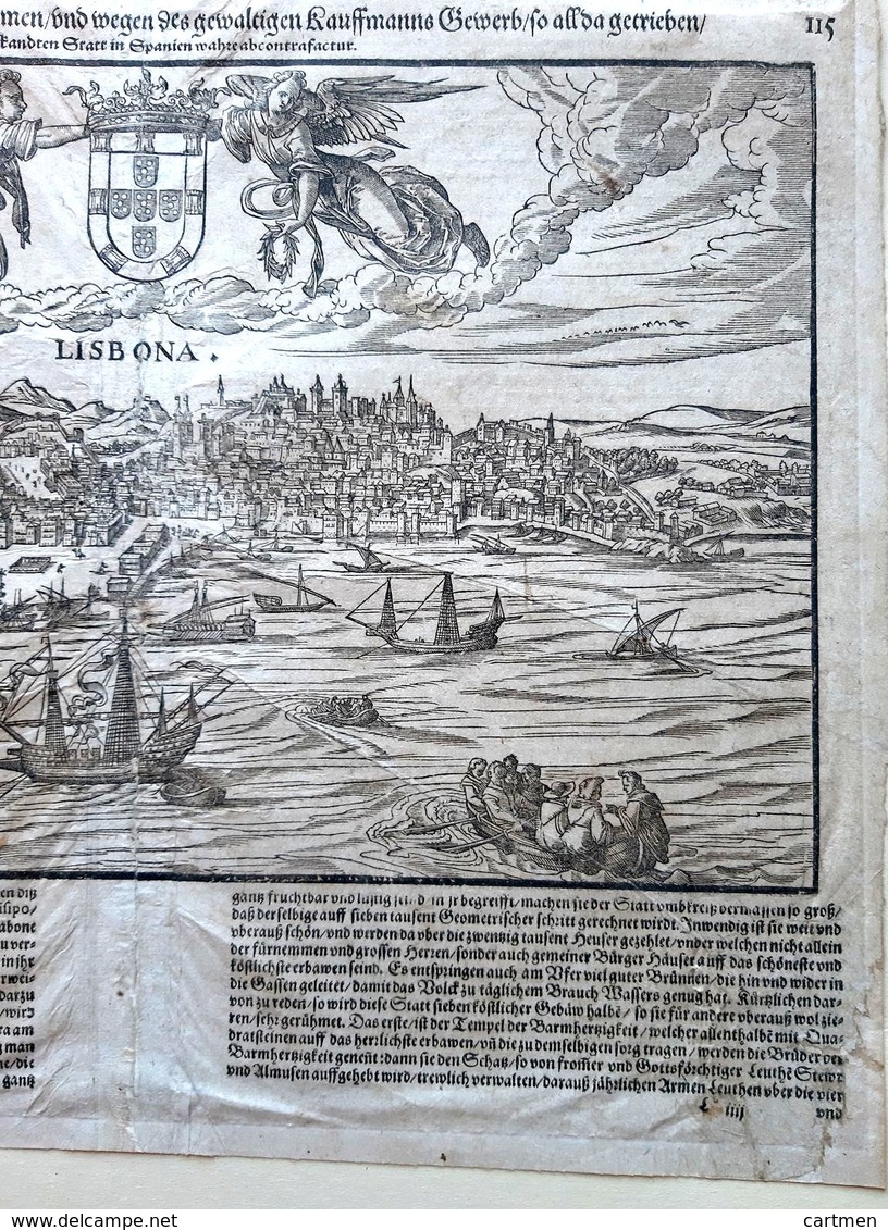 PORTUGAL PORTUGUESE LISBONA  CARTE ANCIENNE 16° VUE CAVALIERE DE LA VILLE DE LISBONNE VERS 1590 / 1600 - Geographical Maps