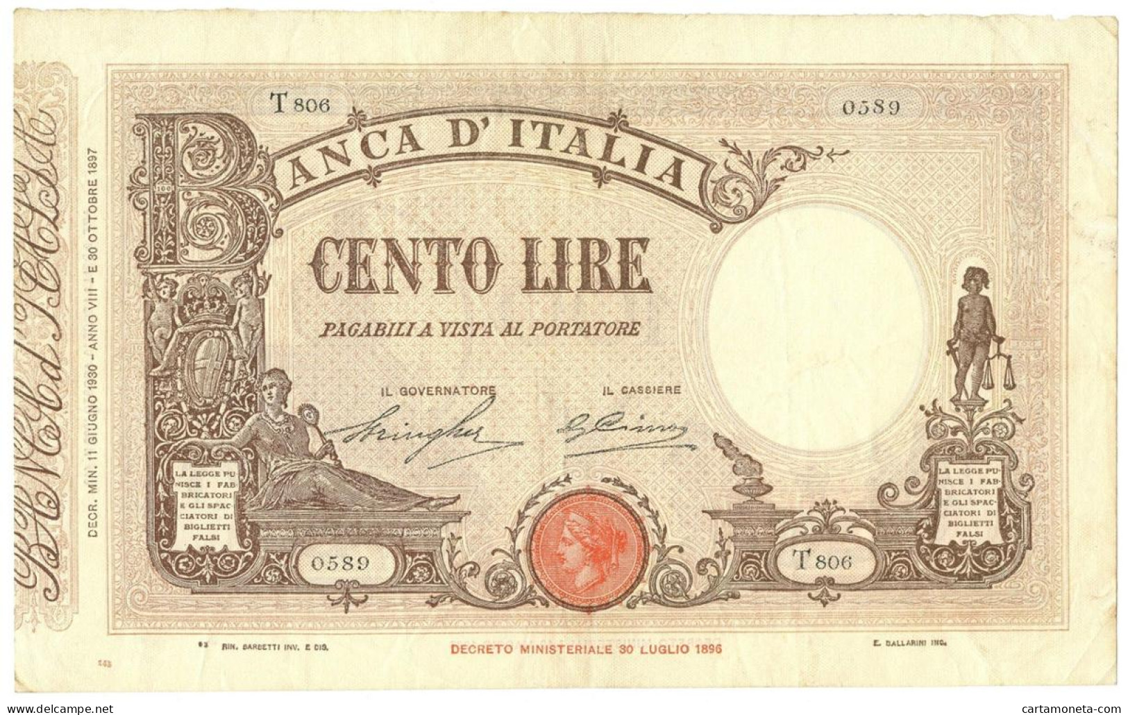 100 LIRE BARBETTI GRANDE B MATRICE LATERALE TESTINA FASCIO 11/06/1930 BB/SPL - Regno D'Italia – Other