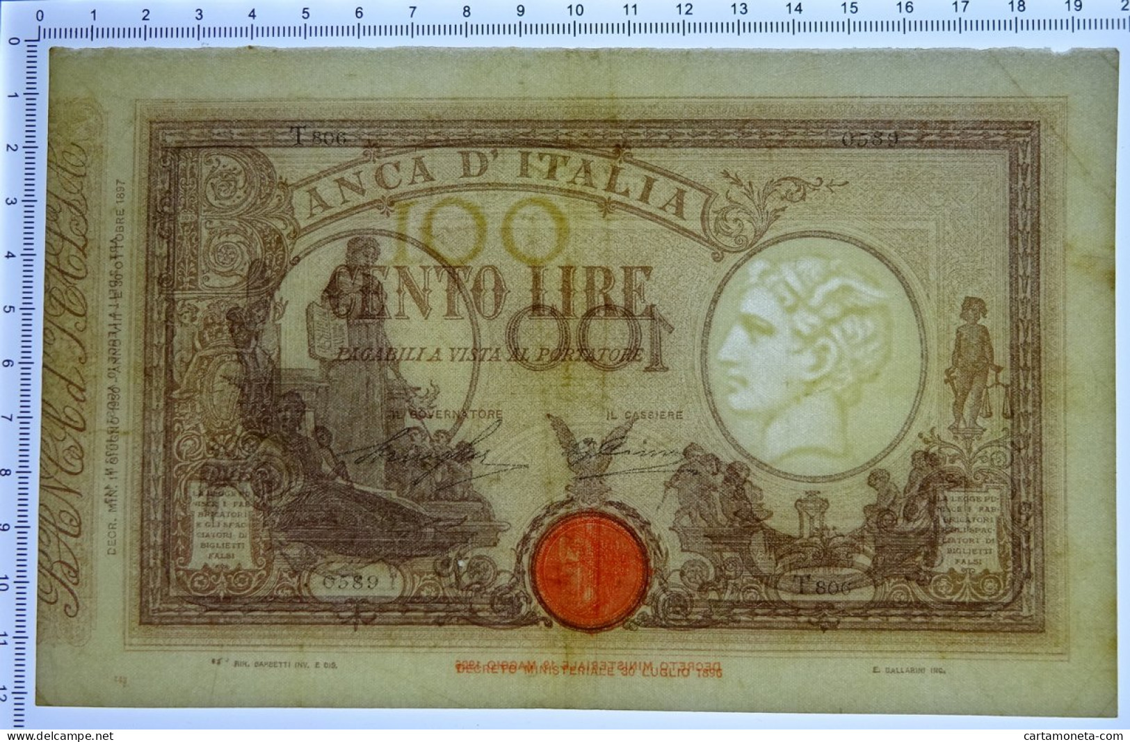 100 LIRE BARBETTI GRANDE B MATRICE LATERALE TESTINA FASCIO 11/06/1930 BB/SPL - Andere