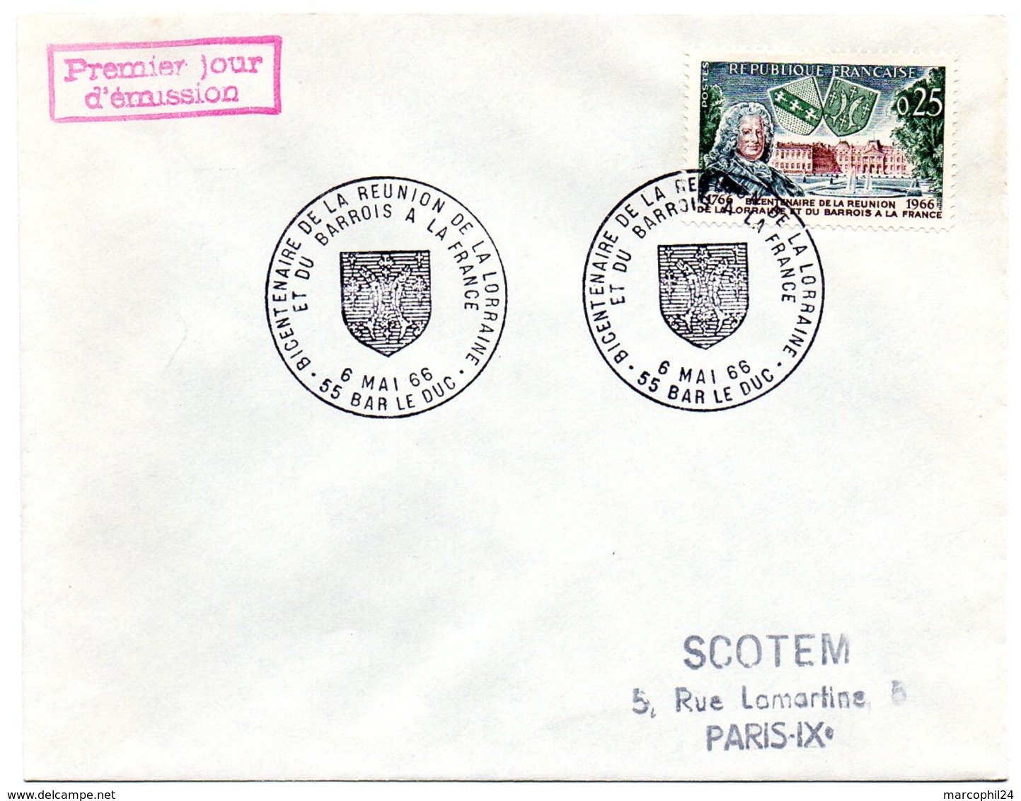 HERALDIQUE = 55 BAR Le DUC 1966 = CACHET PREMIER JOUR / FDC ' BICENTENAIRE REUNION LORRAINE & BARROIS' N° Yvt 1483 - 1960-1969