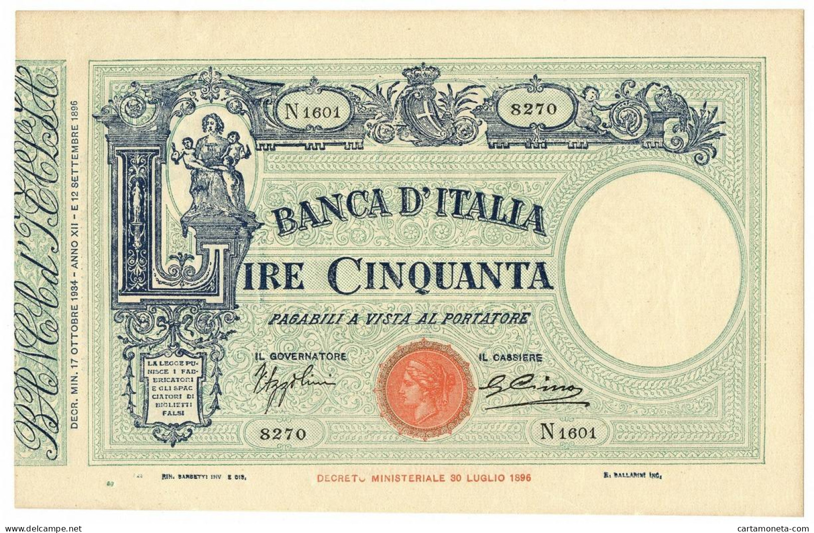 50 LIRE BARBETTI GRANDE L MATRICE LATERALE TESTINA FASCIO 17/10/1934 SUP - Regno D'Italia – Other