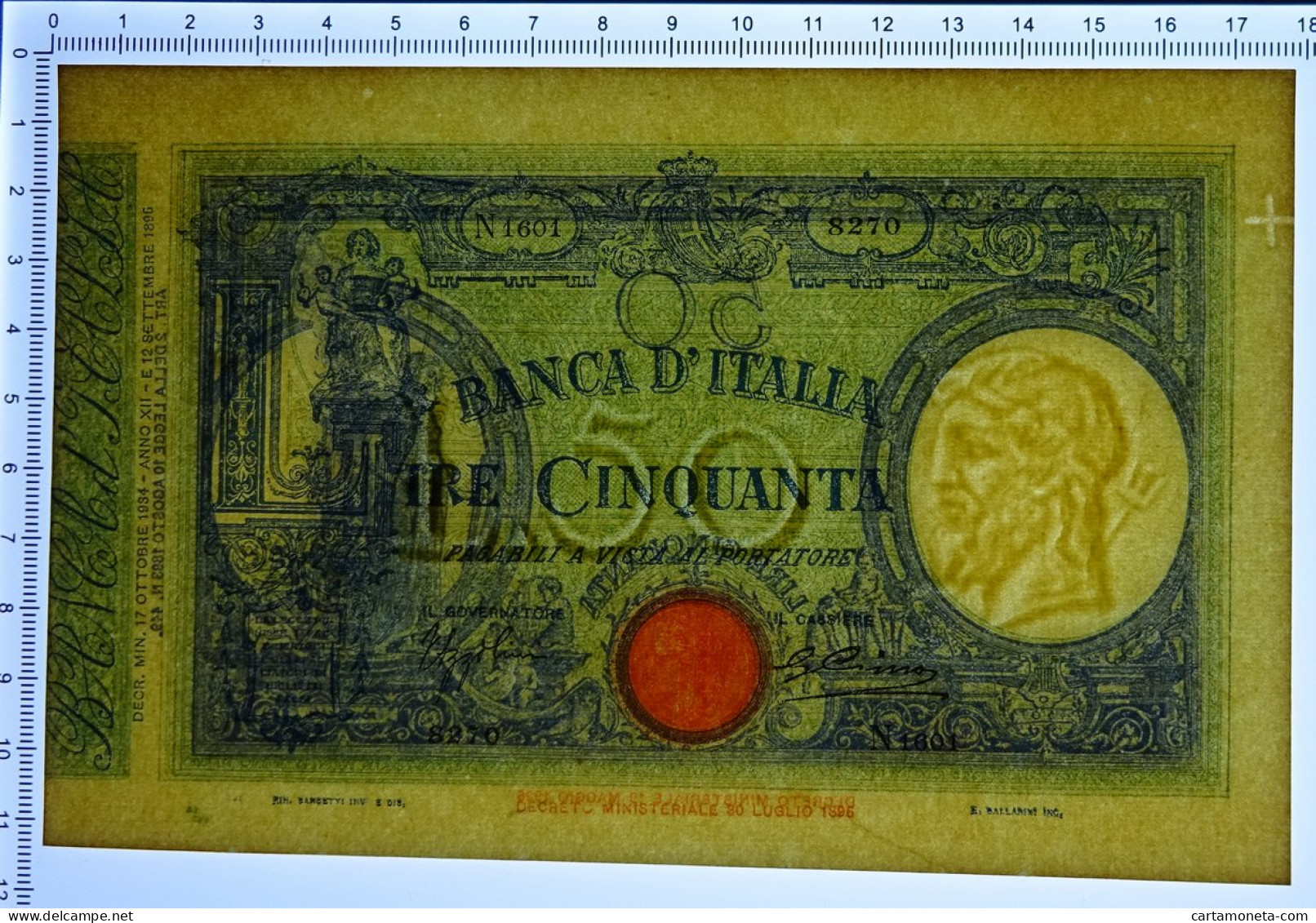 50 LIRE BARBETTI GRANDE L MATRICE LATERALE TESTINA FASCIO 17/10/1934 SUP - Regno D'Italia - Altri