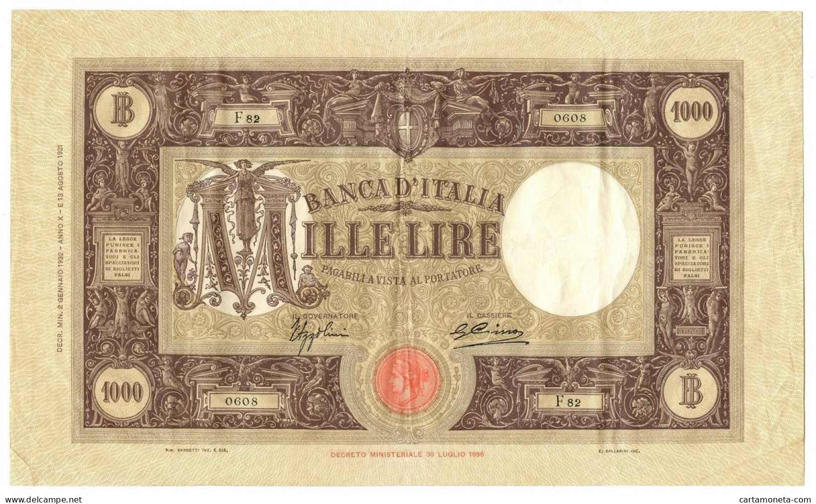 1000 LIRE BARBETTI GRANDE M TESTINA FASCIO I TIPO AZZOLINI 02/01/1932 BB/SPL - Sonstige