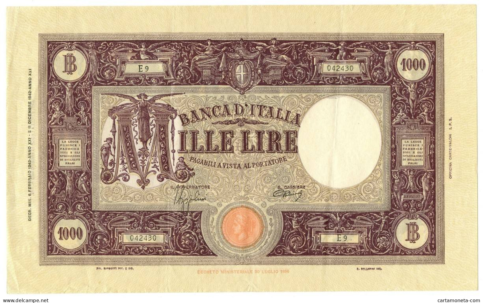 1000 LIRE BARBETTI GRANDE M TESTINA FASCIO II TIPO 06/02/1943 BB/SPL - Sonstige