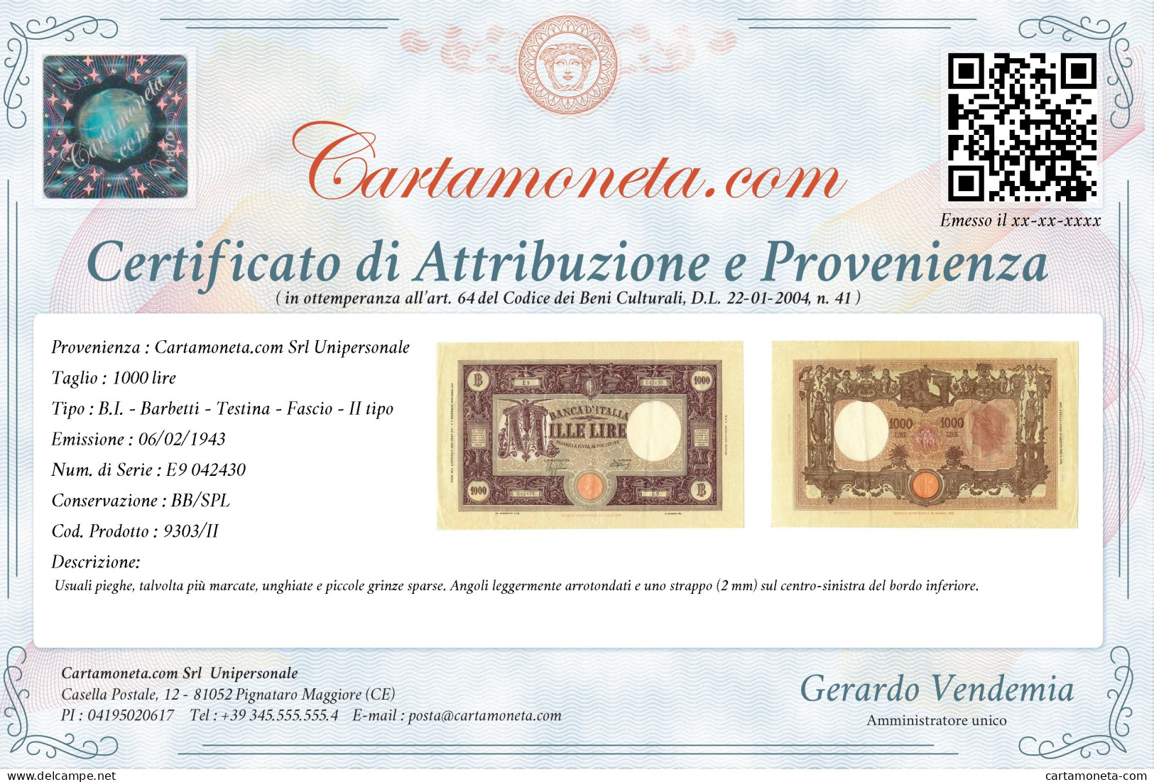 1000 LIRE BARBETTI GRANDE M TESTINA FASCIO II TIPO 06/02/1943 BB/SPL - Regno D'Italia – Other