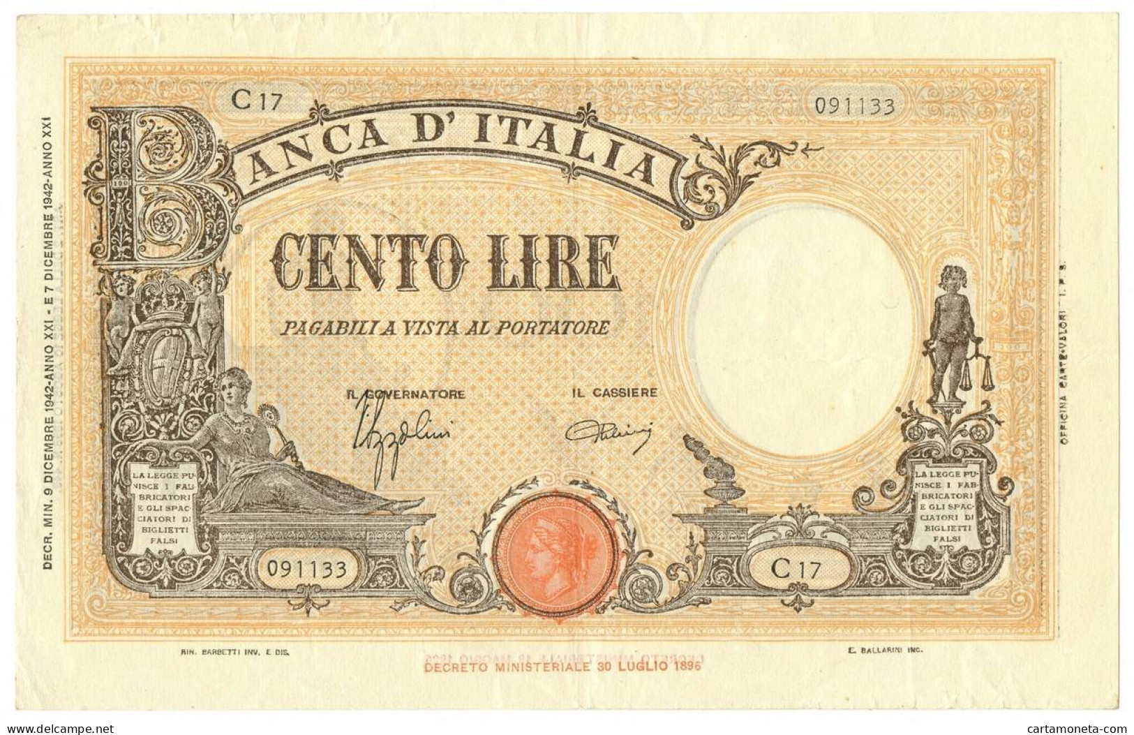 100 LIRE BARBETTI GRANDE B GIALLO TESTINA FASCIO 09/12/1942 BB/SPL - Andere