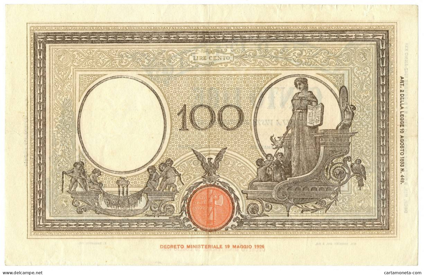 100 LIRE BARBETTI GRANDE B GIALLO TESTINA FASCIO 09/12/1942 BB/SPL - Regno D'Italia – Autres