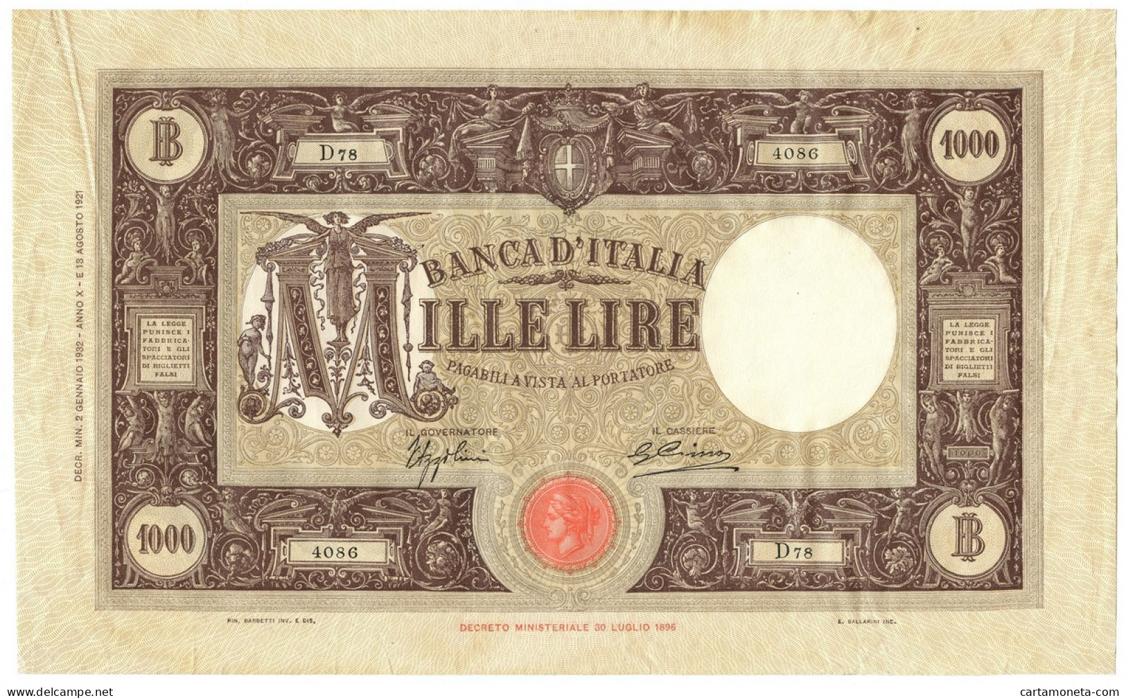 1000 LIRE BARBETTI GRANDE M TESTINA FASCIO I TIPO AZZOLINI 02/01/1932 BB/SPL - Sonstige