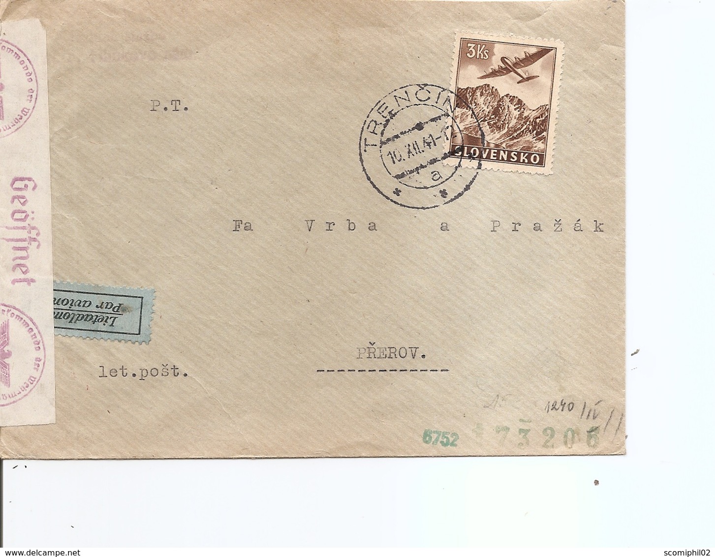 Slovaquie ( Lettre Par Avion En Censure De 1941 De Trencin Vers Prerov à Voir) - Briefe U. Dokumente