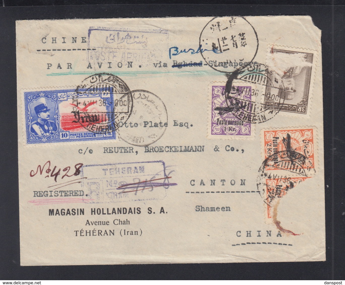 Iran Persia Registered Cover 1936 Teheran Via Singapore To Canton China Faults - Iran