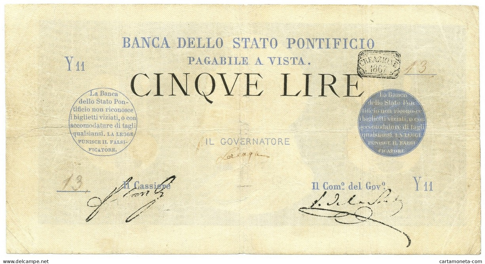 5 LIRE BANCA DELLO STATO PONTIFICIO PAPA PIO IX 1867 QBB - Altri & Non Classificati