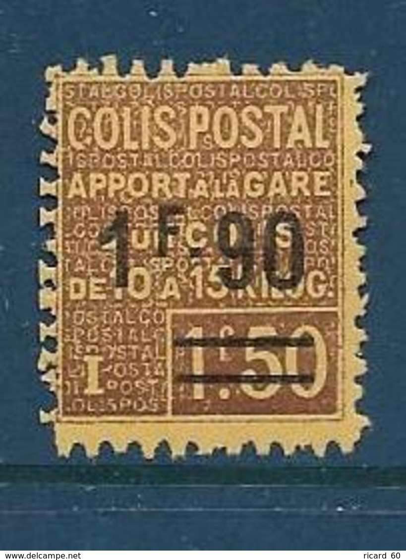 Timbre Neuf * France, N°52  Yt, Colis Postaux, Apport à La Gare, Surcharge 1.90 Sur 1.50, 1926,  Charnière - Neufs