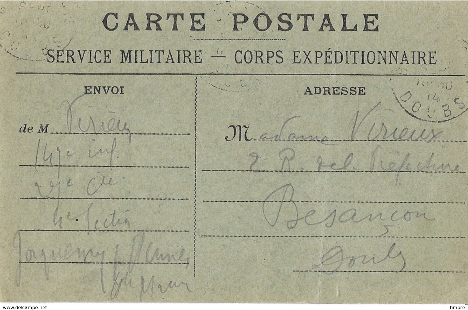 Carte Postale Franchise Militaire CORPS EXPEDITIONNAIRE - Guerre De 1914-18