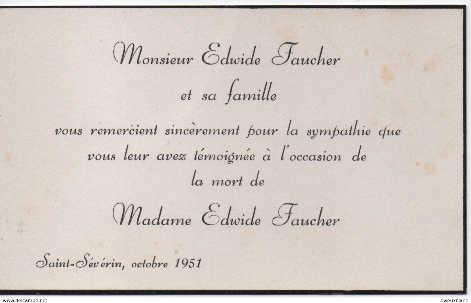 Carton De Remerciements Suite à Décès/CANADA/Monsieur Edwide FAUCHER/Décés De Edwide FAUCHER/ST Sévérin/1951      FPD116 - Esquela