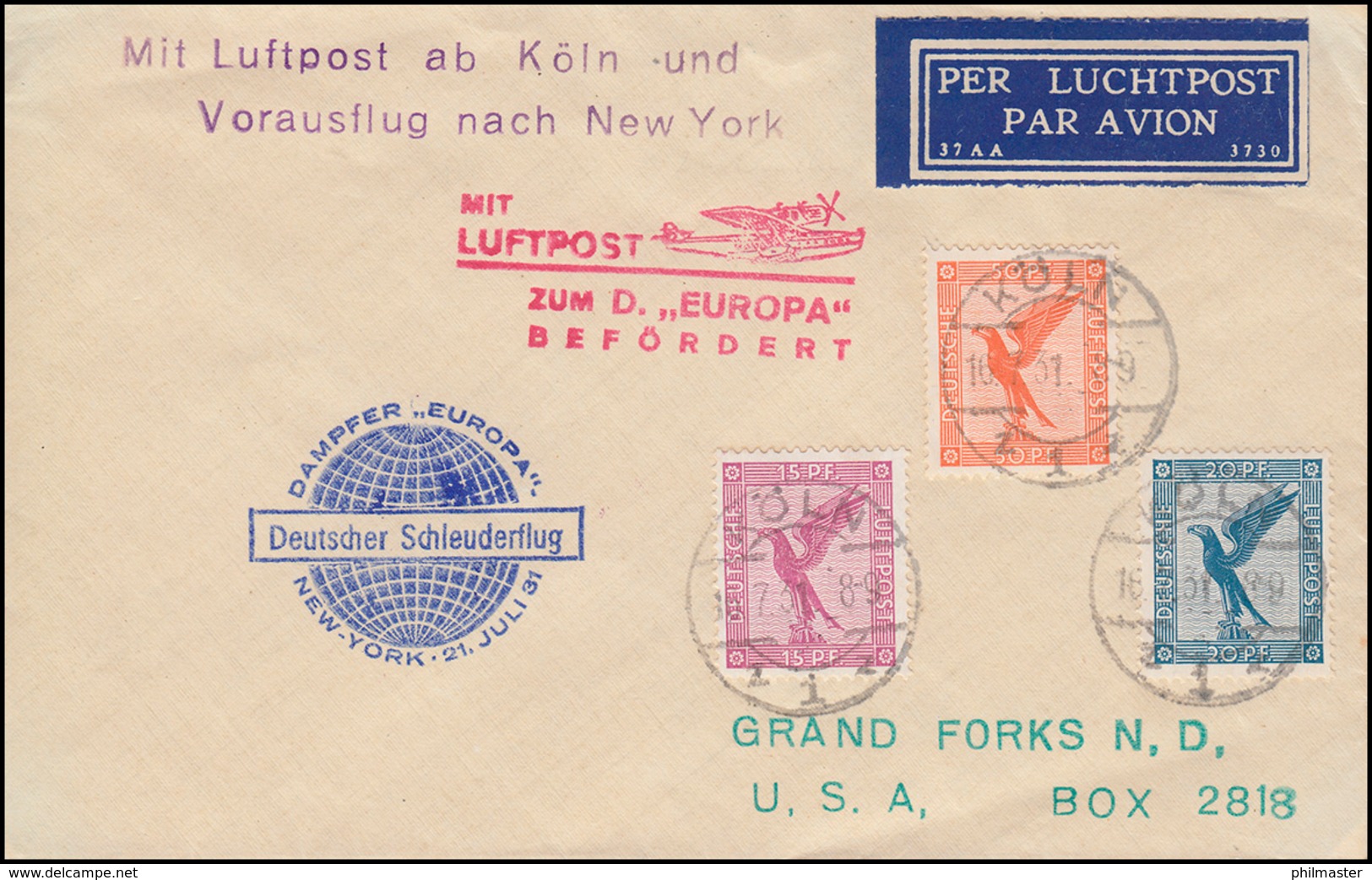 Katapultpost S.S. EUROPA - NEW YORK 21.7.1931 Mit Luftpost Zum Dampfer, Hab. 58a - Autres & Non Classés