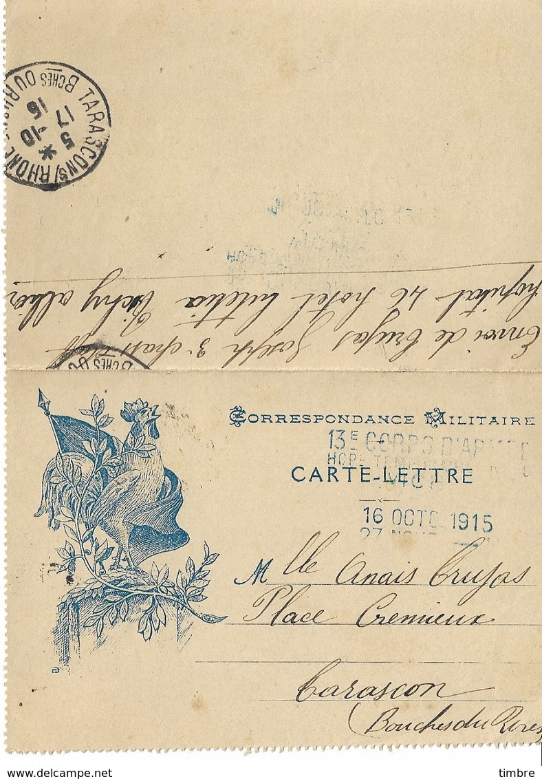 Carte Lettre Franchise Militaire Coq + 13eme Corps D Armee Hopital Temporaire - WW I