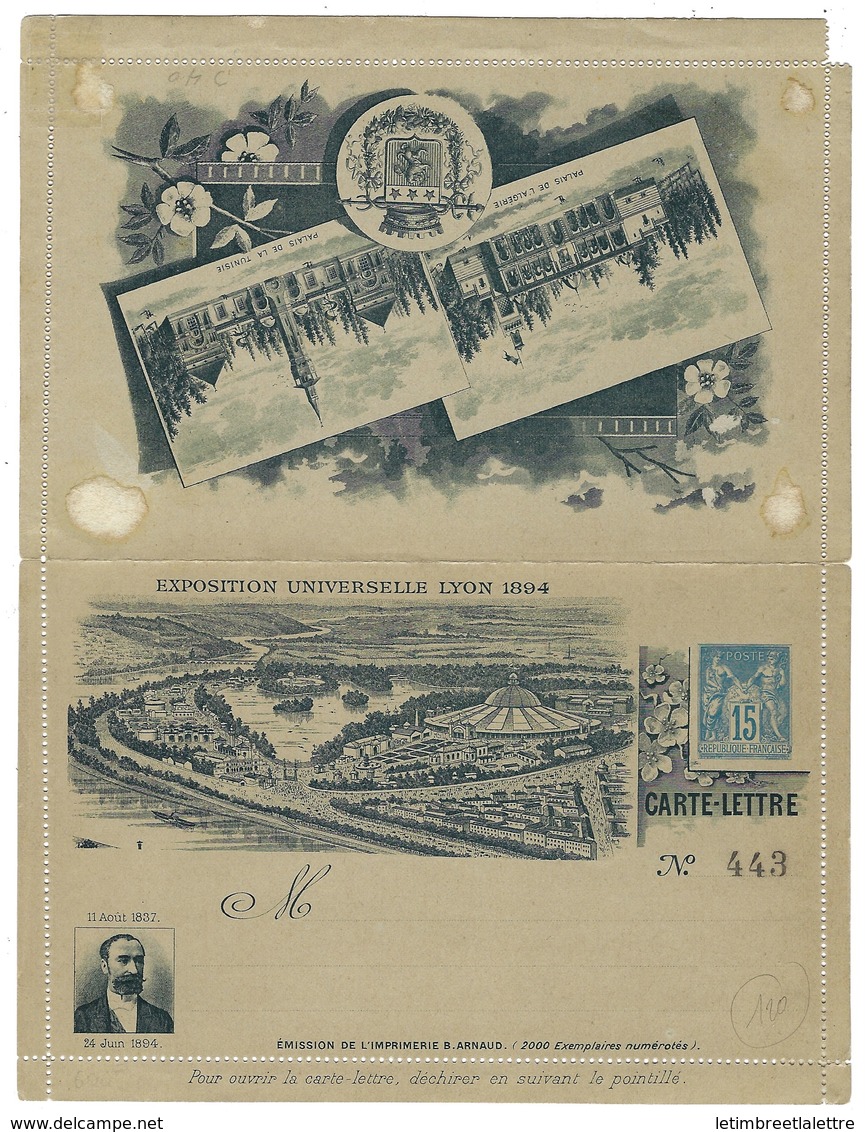 France, Entier Postal, 1894, Carte Lettre Commemorative Timbrée Sur Commande Pour L'expo De Lyon, Numéroté 443/2000 - Autres & Non Classés