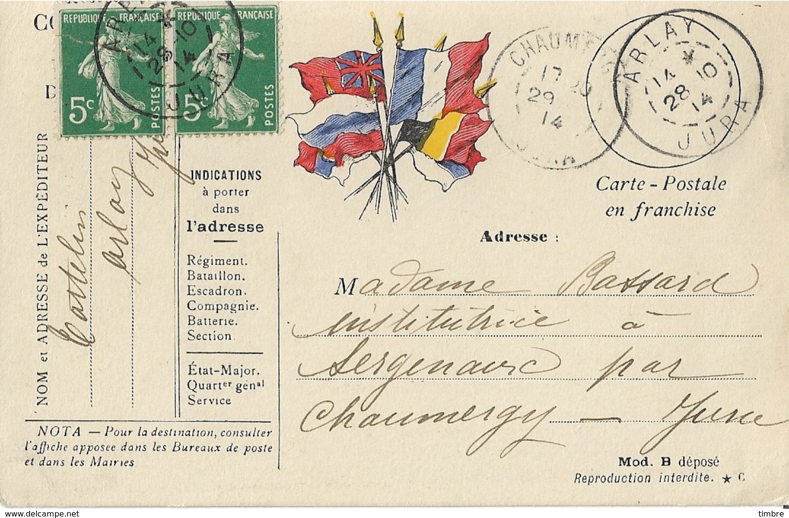 Carte Postale Franchise Militaire 6 Drapeaux - Guerre De 1914-18