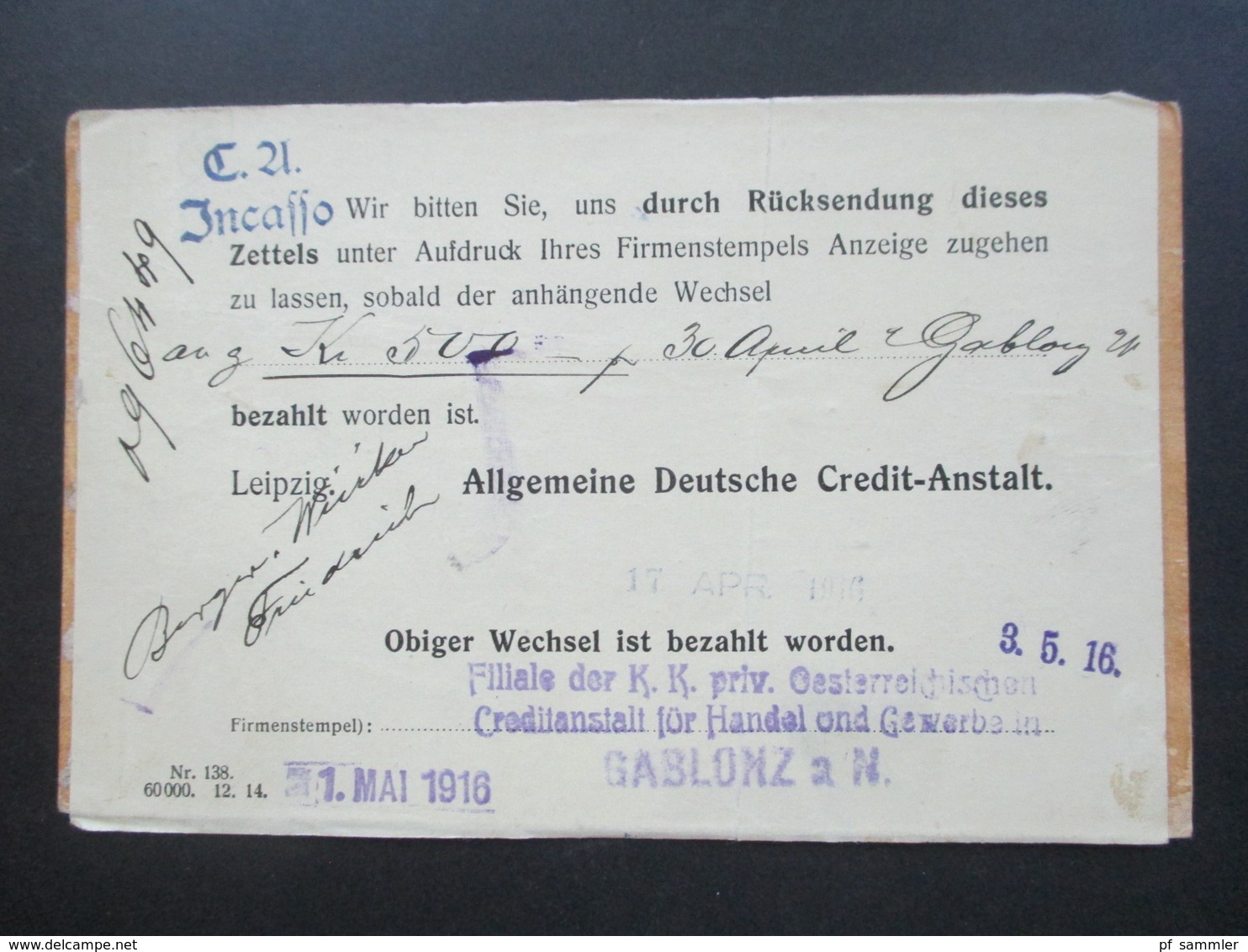 Österreich 1916 Ganzsache Mit Zensurstempel Überprüft. Filiale Der K.K. Priv. Oesterreichischen Credit Anstalt Gablonz - Briefe U. Dokumente