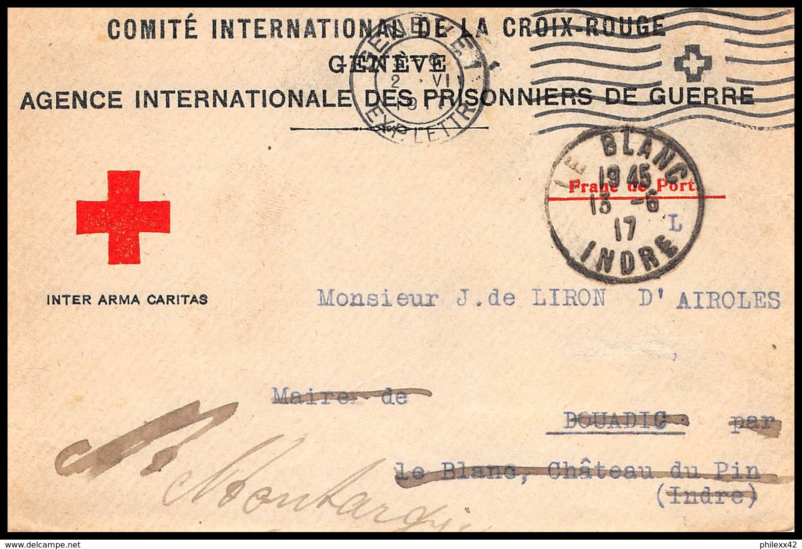 53078 Indre Le Blanc 1917 Hopital Croix Rouge Red Cross Geneve Suisse Sante Guerre 1914/1918 War Devant De Lettre - Guerre De 1914-18