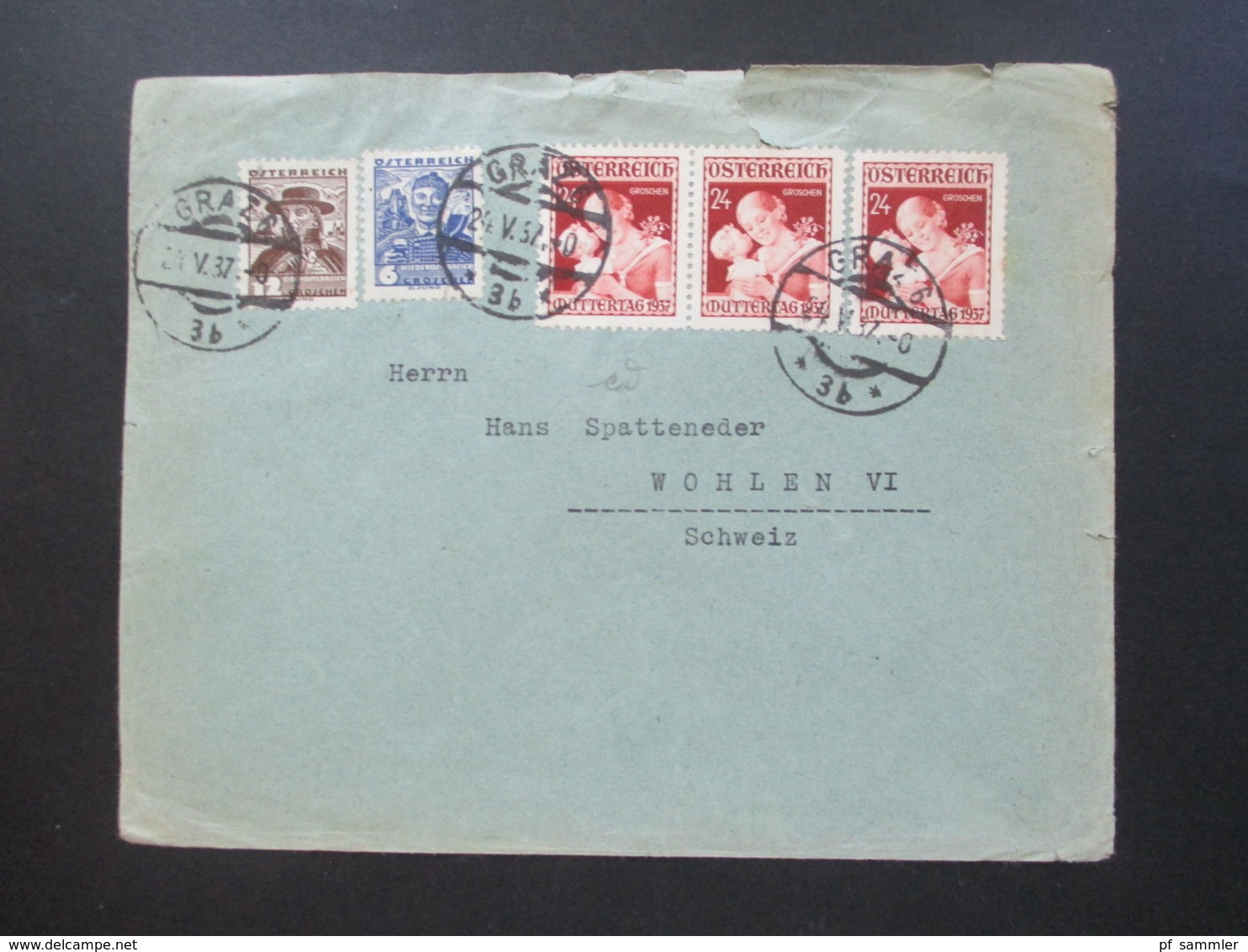 Österreich 1937 MiF Volkstrachten Und 3x Nr. 638 Muttertag Graz 6 - Wohlen In Der Schweiz. Auslandsbrief - Covers & Documents