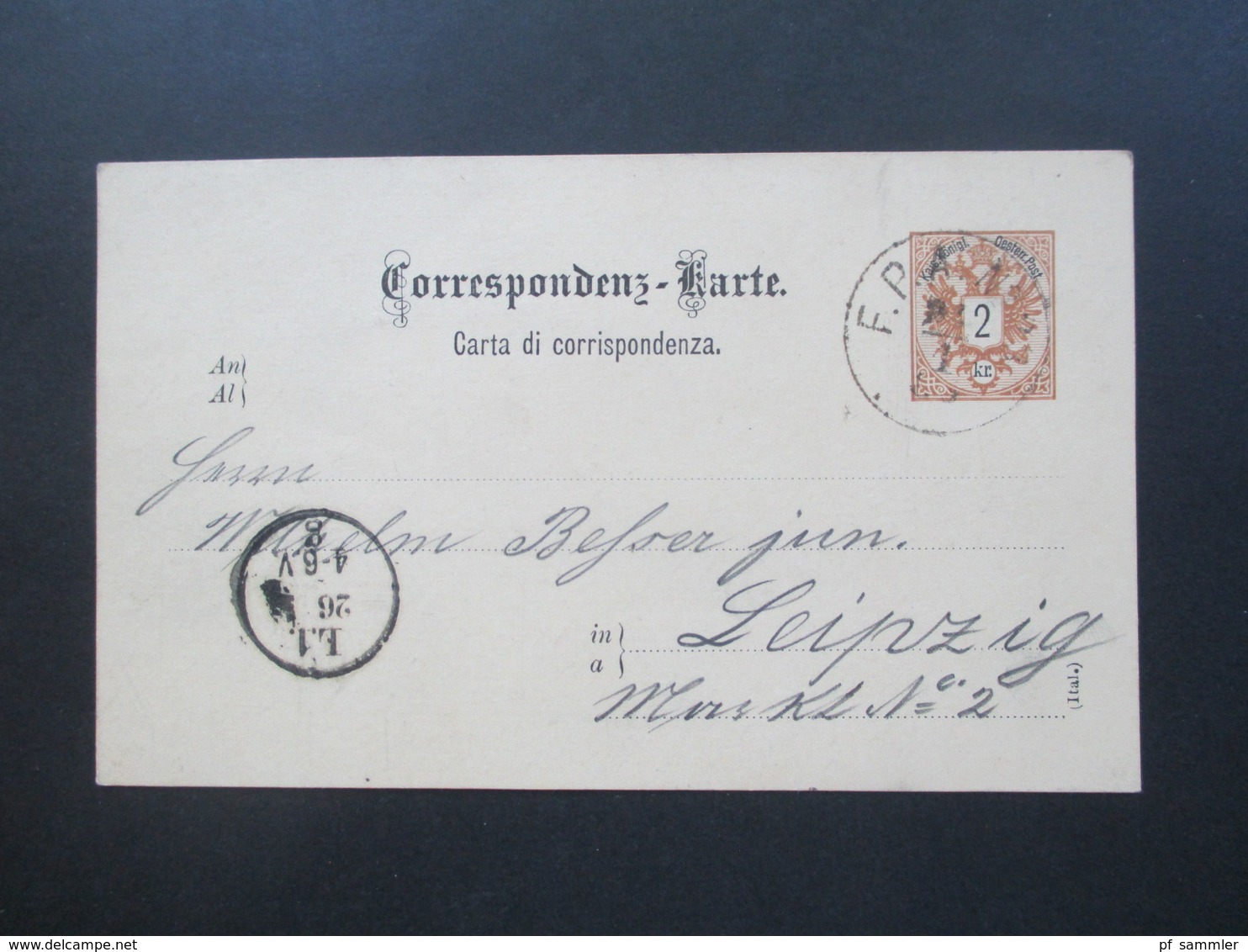 Österreich 1885 GA Stempel Fahrendes Postamt F. P. A. Reichsadler  (Ital.) Nach Leipzig - Briefe U. Dokumente