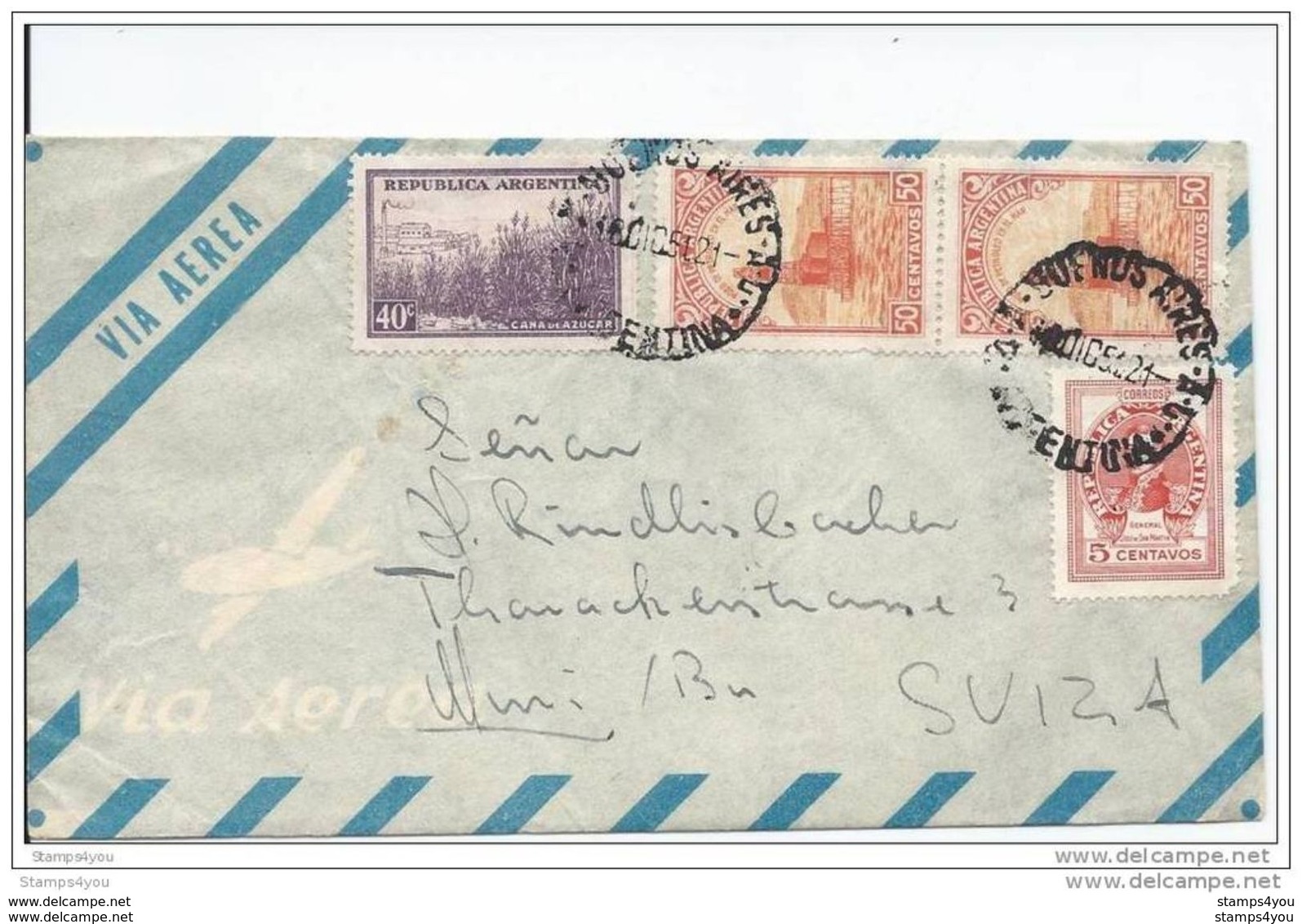 29-98 - Enveloppe Avion Envoyée De Buenos Aires En Suisse 1951 - Briefe U. Dokumente