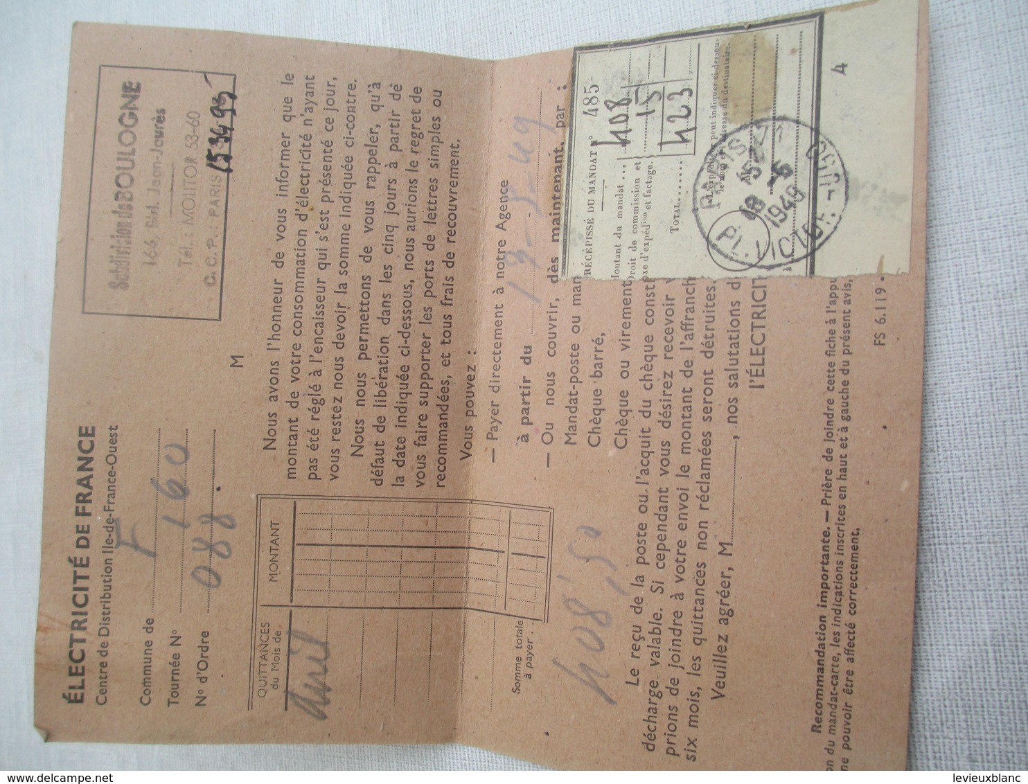 Réclamation De Paiement/ Electricité De France/Subdivision De Boulogne/ LEROUGE/ 1949         GEF67 - Elektriciteit En Gas