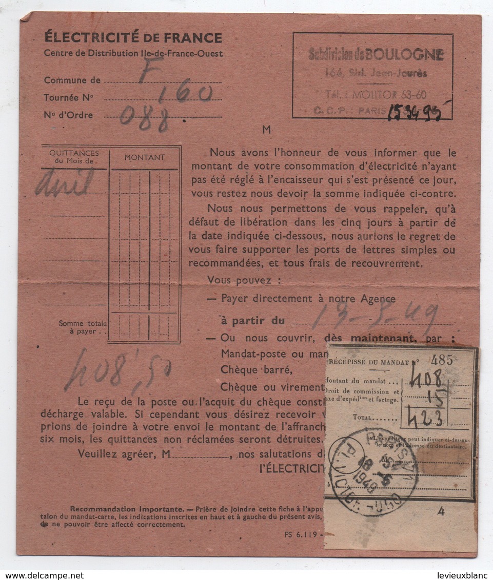 Réclamation De Paiement/ Electricité De France/Subdivision De Boulogne/ LEROUGE/ 1949         GEF67 - Elektriciteit En Gas