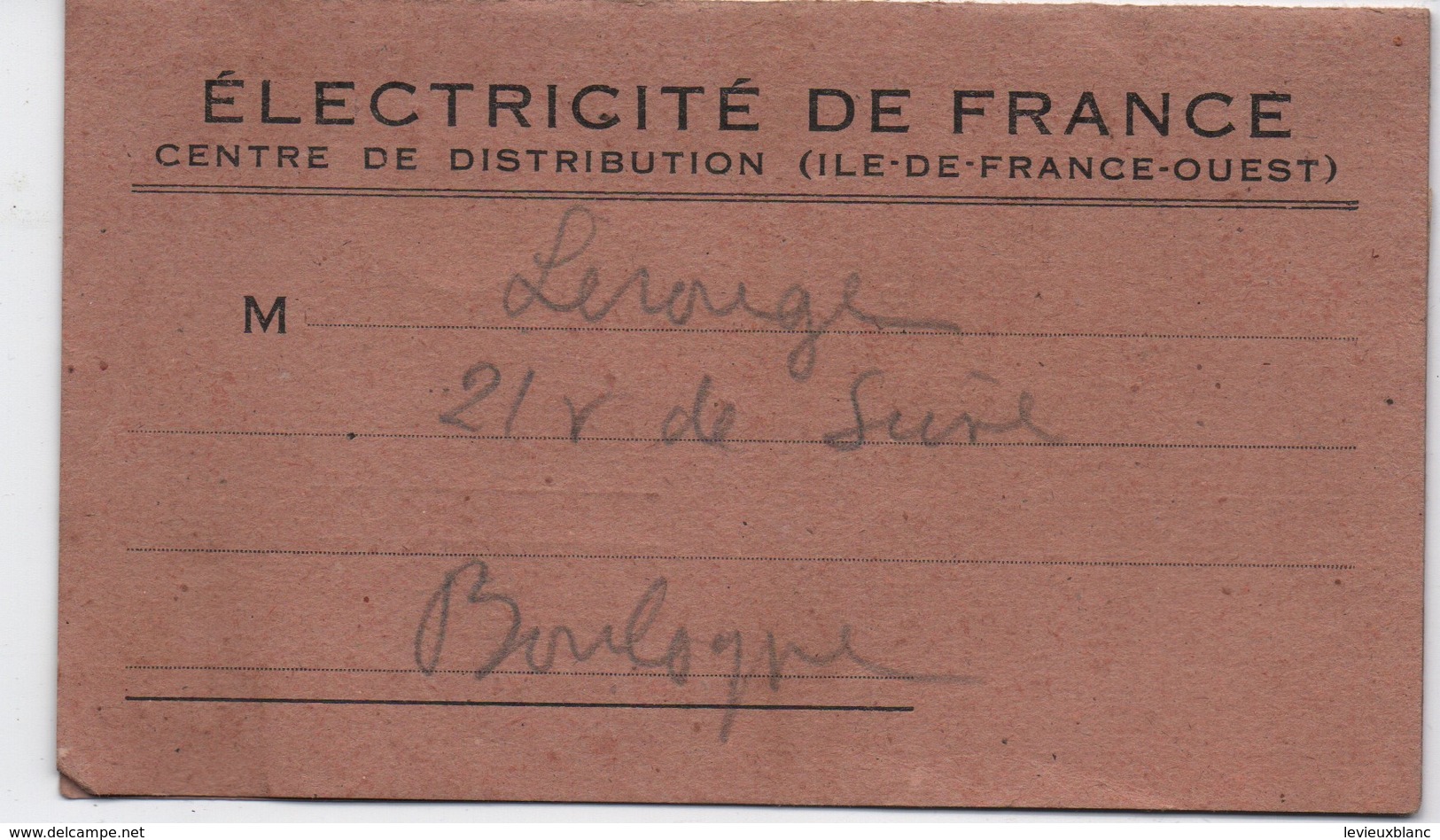 Réclamation De Paiement/ Electricité De France/Subdivision De Boulogne/ LEROUGE/ 1949         GEF67 - Elektrizität & Gas
