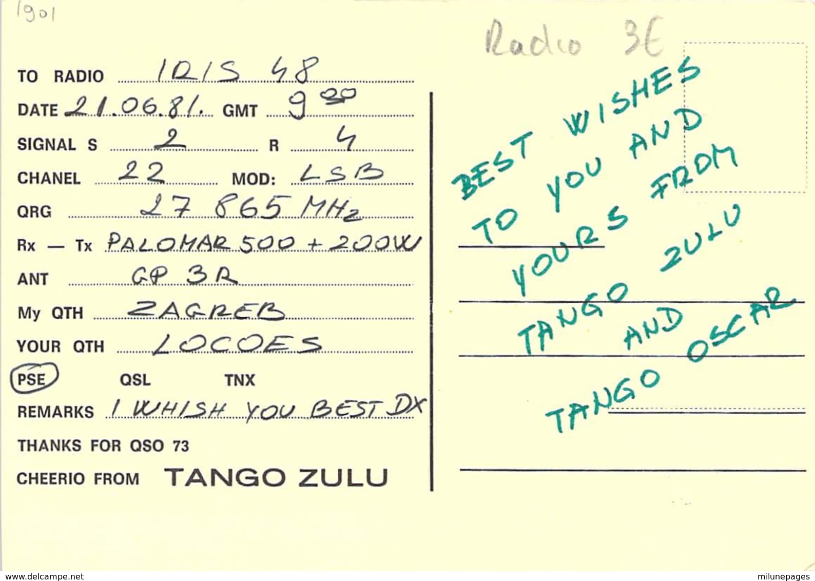 Carte QSL Yugoslav CB Station Tango Zulu Zagreb Yugoslavia Yougoslavie - CB-Funk