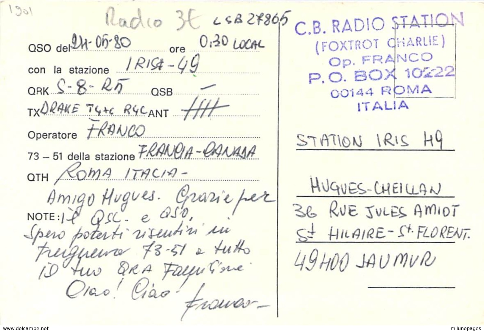 Carte QSL  CB Station Foxtrot Charlie Franco De Rome En Italie - CB