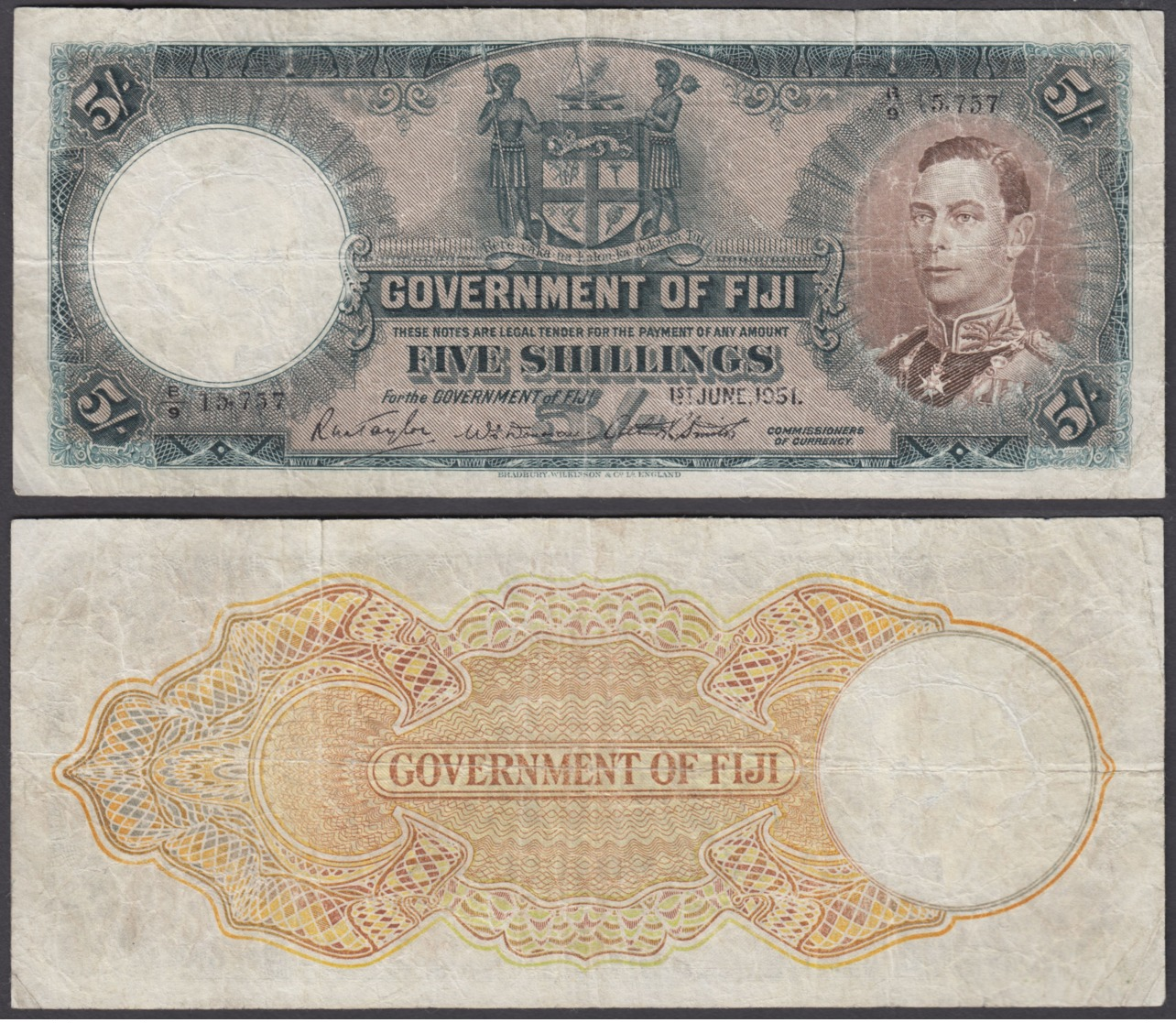 Fiji 5 Shillings 1951 (VG-F) Condition Banknote KM #37k KGVI - Fiji