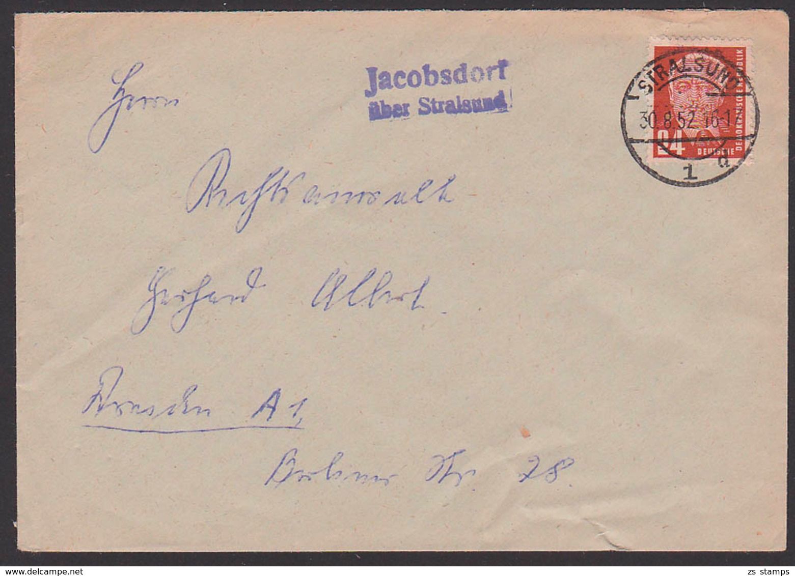 Jacobsdorf üb. Stralsund Poststellenstempel 30.8.1952 An Rechtsanwalt In Dresden, DDR - Briefe U. Dokumente