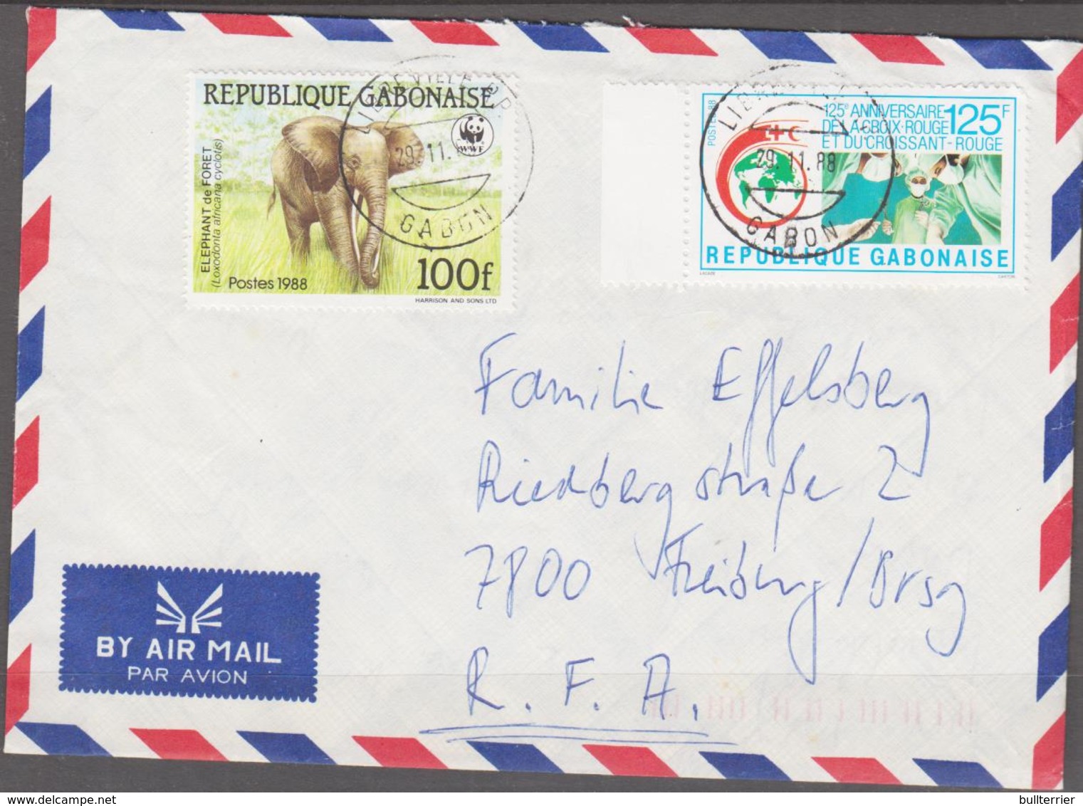 ELEPHNTS - GABON - 1988- ELEPHANT WWF 100FR + RED CROSS 125FR ON POSTALY USED COVER TO GERMANY - Eléphants