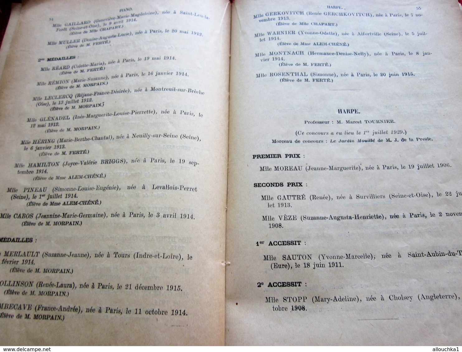 1928/29 SUISSE OBSERVATOIRE NATIONAL DE MUSIQUE & DECLAMATION DISTRIBUTION PRIX-RECOMPENSES HARMONIE-PIANO-SOLFEGE-FLUTE