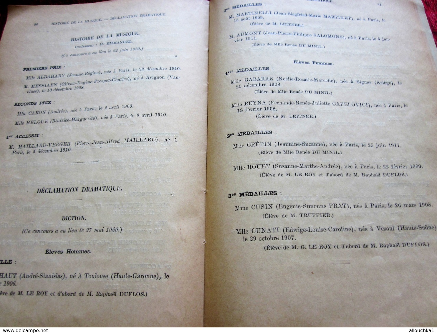 1928/29 SUISSE OBSERVATOIRE NATIONAL DE MUSIQUE & DECLAMATION DISTRIBUTION PRIX-RECOMPENSES HARMONIE-PIANO-SOLFEGE-FLUTE