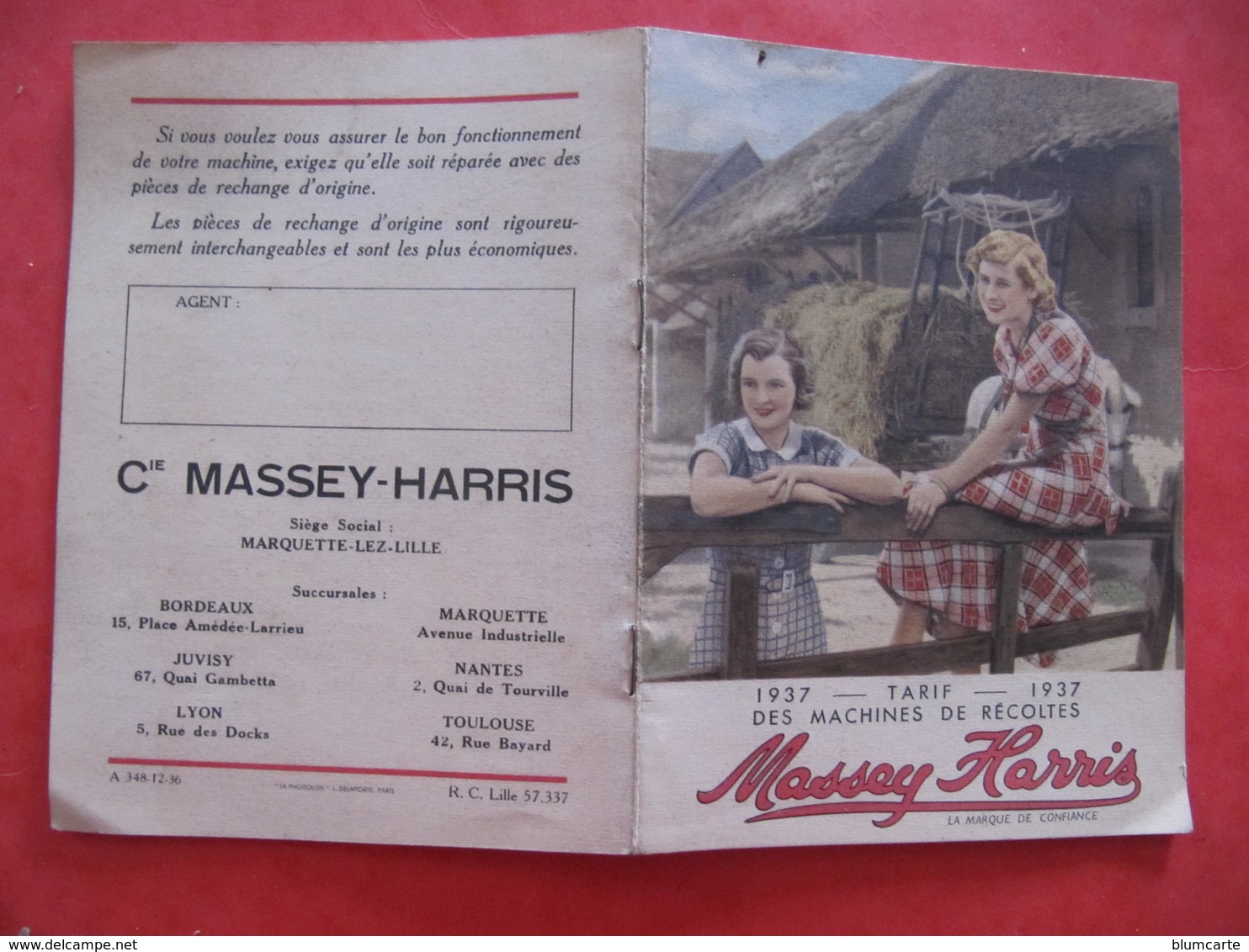 TARIF 1937 - MACHINES DE RECOLTES - MASSEY HARRIS - Format : 11 X 15 Cm  4 Feuilles - Agriculture