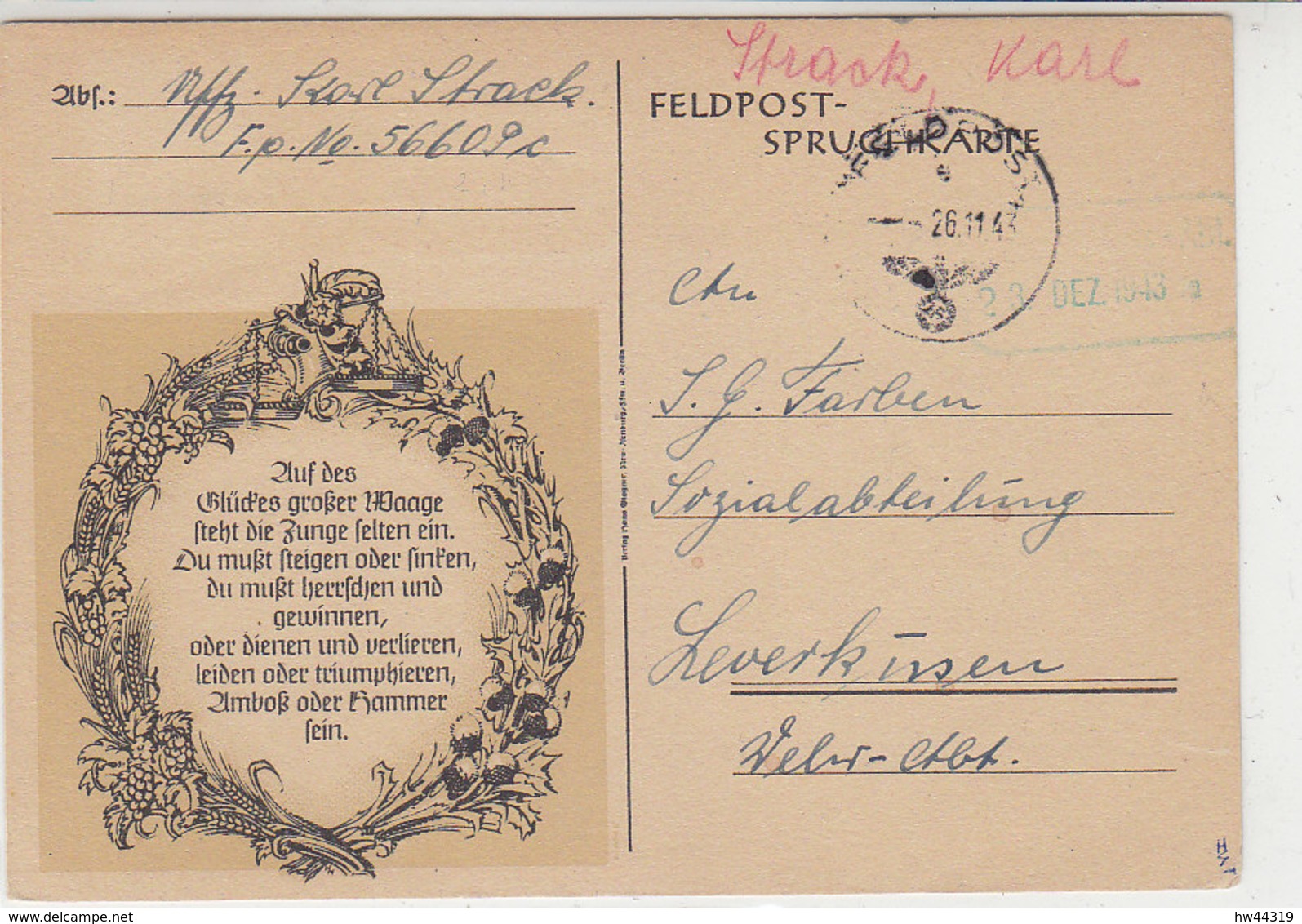 Dekorative Feldpostkarte Von Der 56609 Vom 26.11.43 - Briefe U. Dokumente