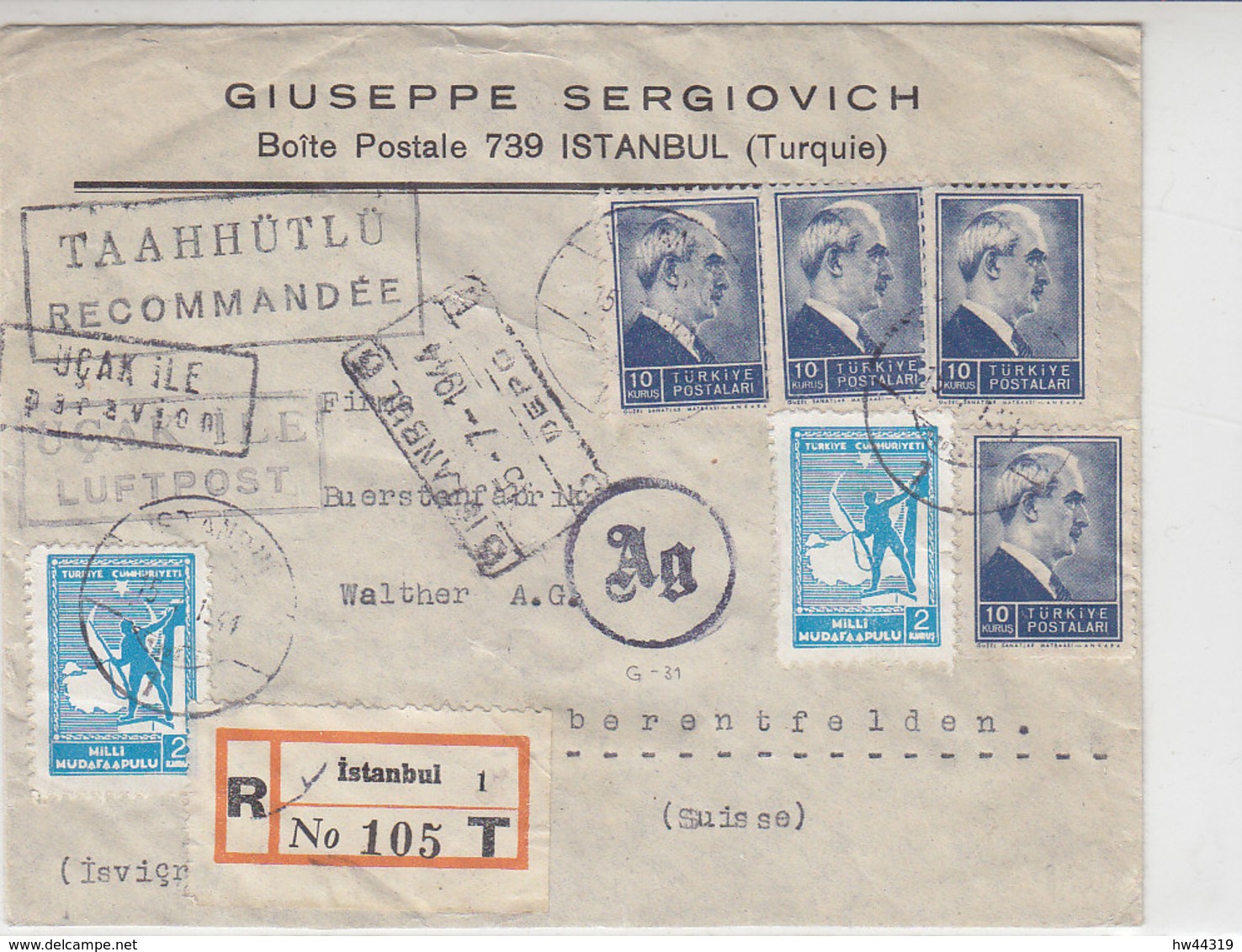 Luftpost R-Brief Mit Einigen Marken Aus ISTAMBUL 15.7.44 Nach Oberberentfelden/Schweiz -  Zensur - Covers & Documents